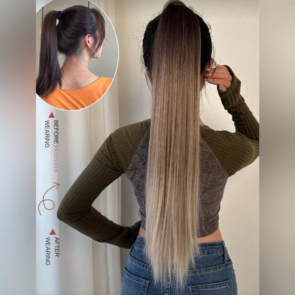 Balayage Wrap-Around Ponytail – Ombre Brown to Ash Blonde 32 “Extension - Picture 5 of 15